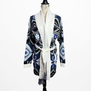 PJ Salvage Knit Blue/Cream Open Front Cardigan Sweater
